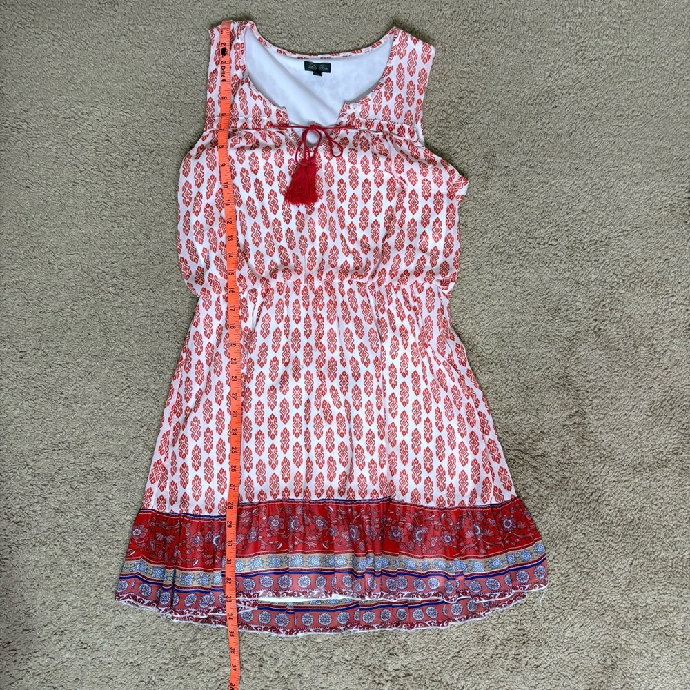 Lily Rose Split Neck Blouson Orange Print Chiffon Mini Boho Dress - Size: Medium - Picture 6 of 9